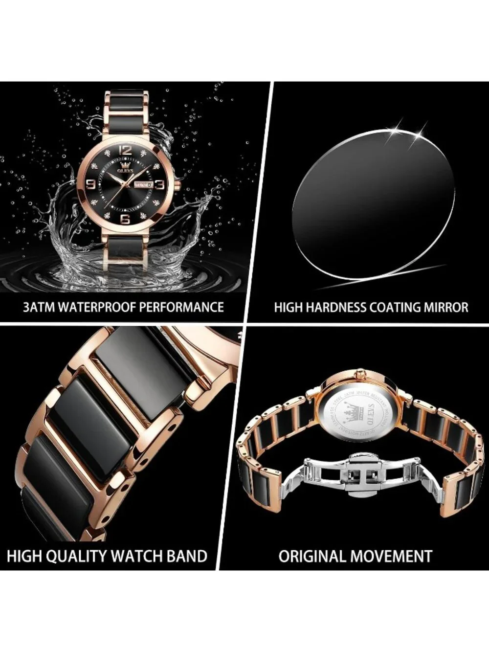 Women's Black-Leather Rose Gold Ceramic Two Tone Ladies  Watch Day Date Gift
